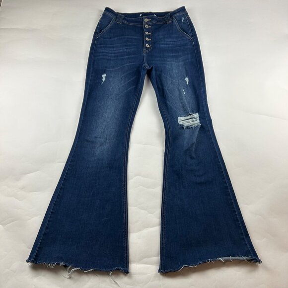 KanCan Denim - Kancan Dark Wash Stretch Denim High Rise Button Fly Flared Jeans 28